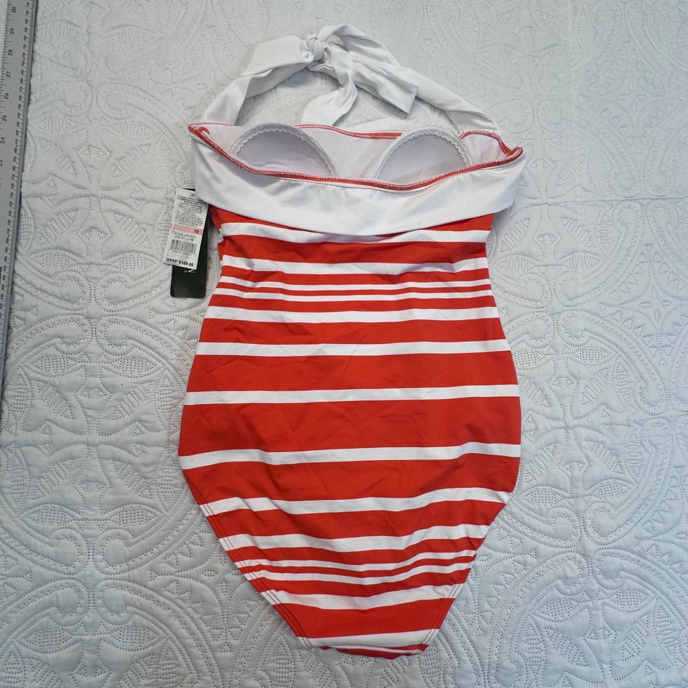 Lauren‎ Ralph Lauren Striped Halter One Piece Swimsuit Orange White LR44E11 10